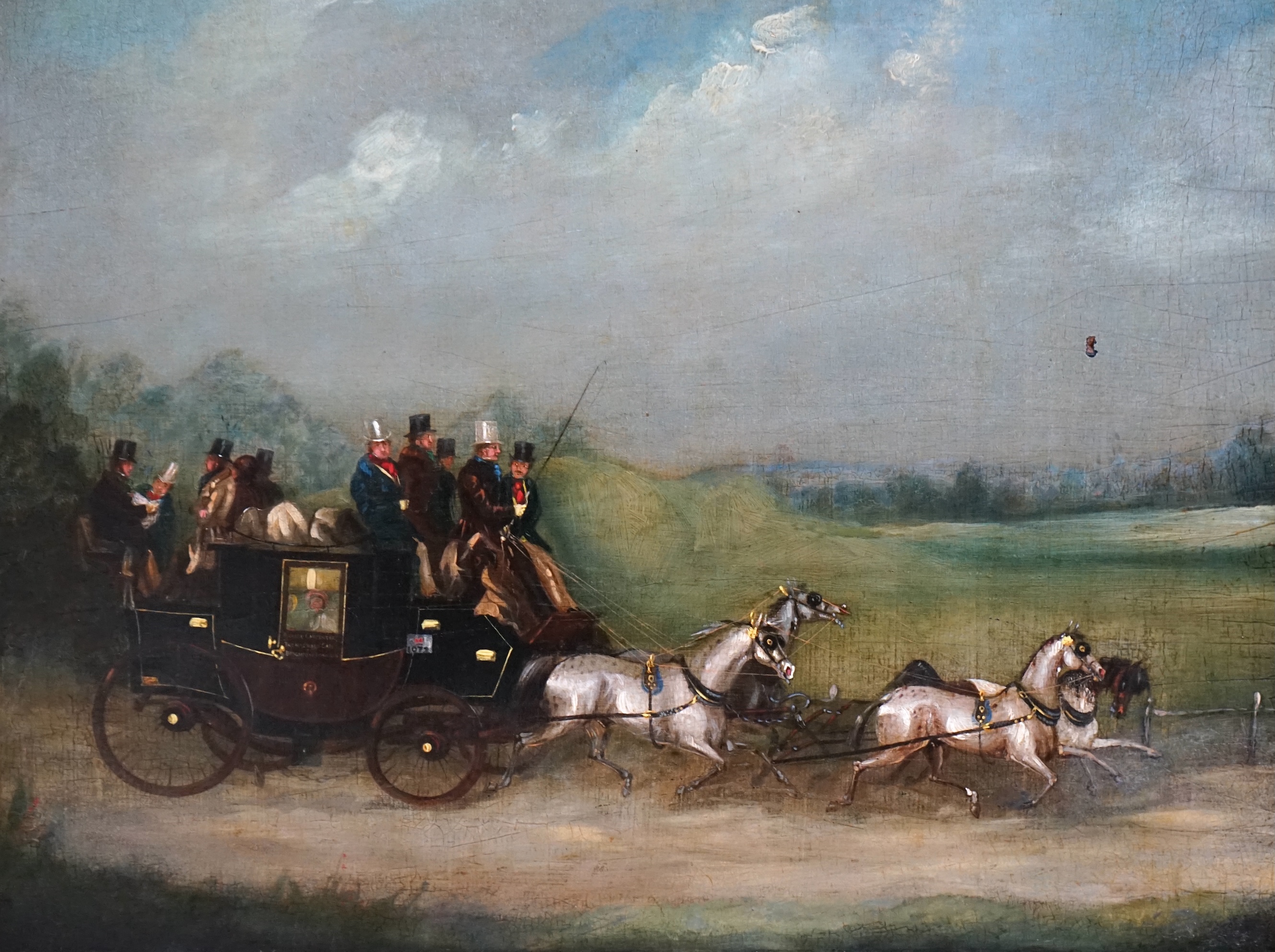 Attributed to James Pollard (British, 1792-1867), The Thomas Carpenter London to Brighton Mail Coach, oil on panel, 42 x 55cm